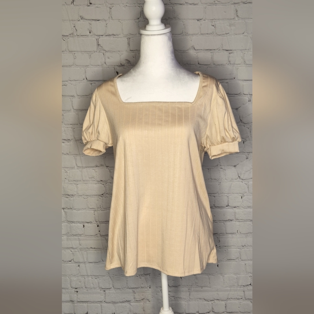 Haptics TAUPE WIDE RIB PUFF SLEEVE TOP